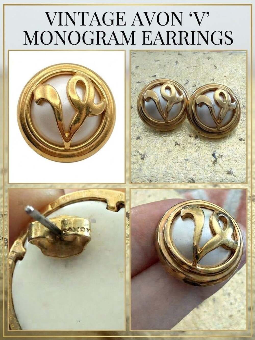 Avon Vintage V Monogram Earrings Gold Tone Faux Pearl Studs